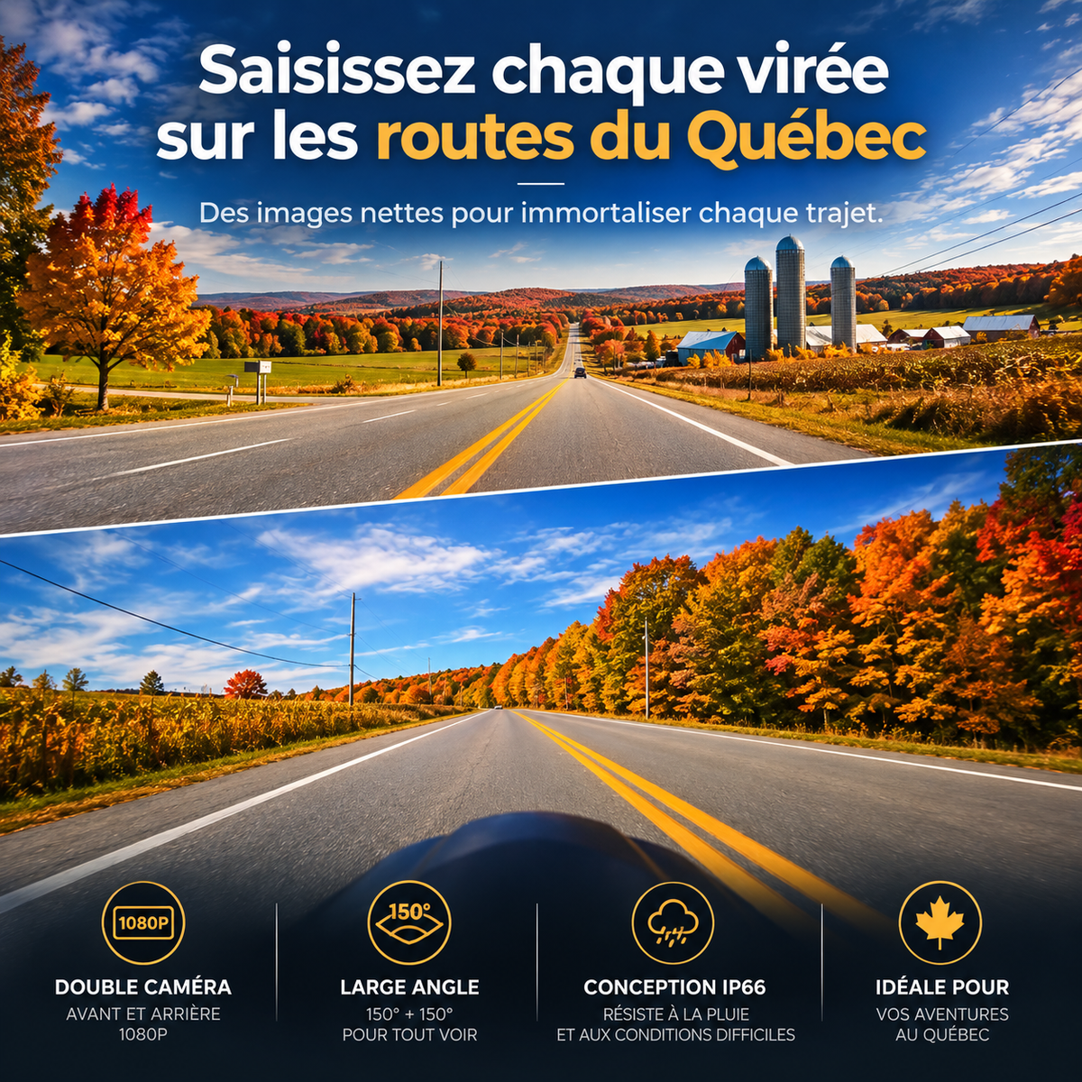 Caméra de bord double 1080P pour moto avec Wi-Fi