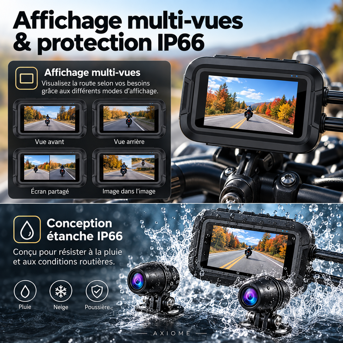 Caméra de bord double 1080P pour moto avec Wi-Fi
