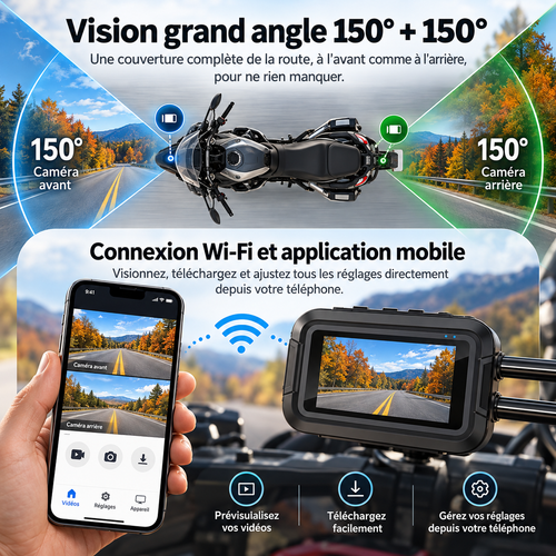 Caméra de bord double 1080P pour moto avec Wi-Fi