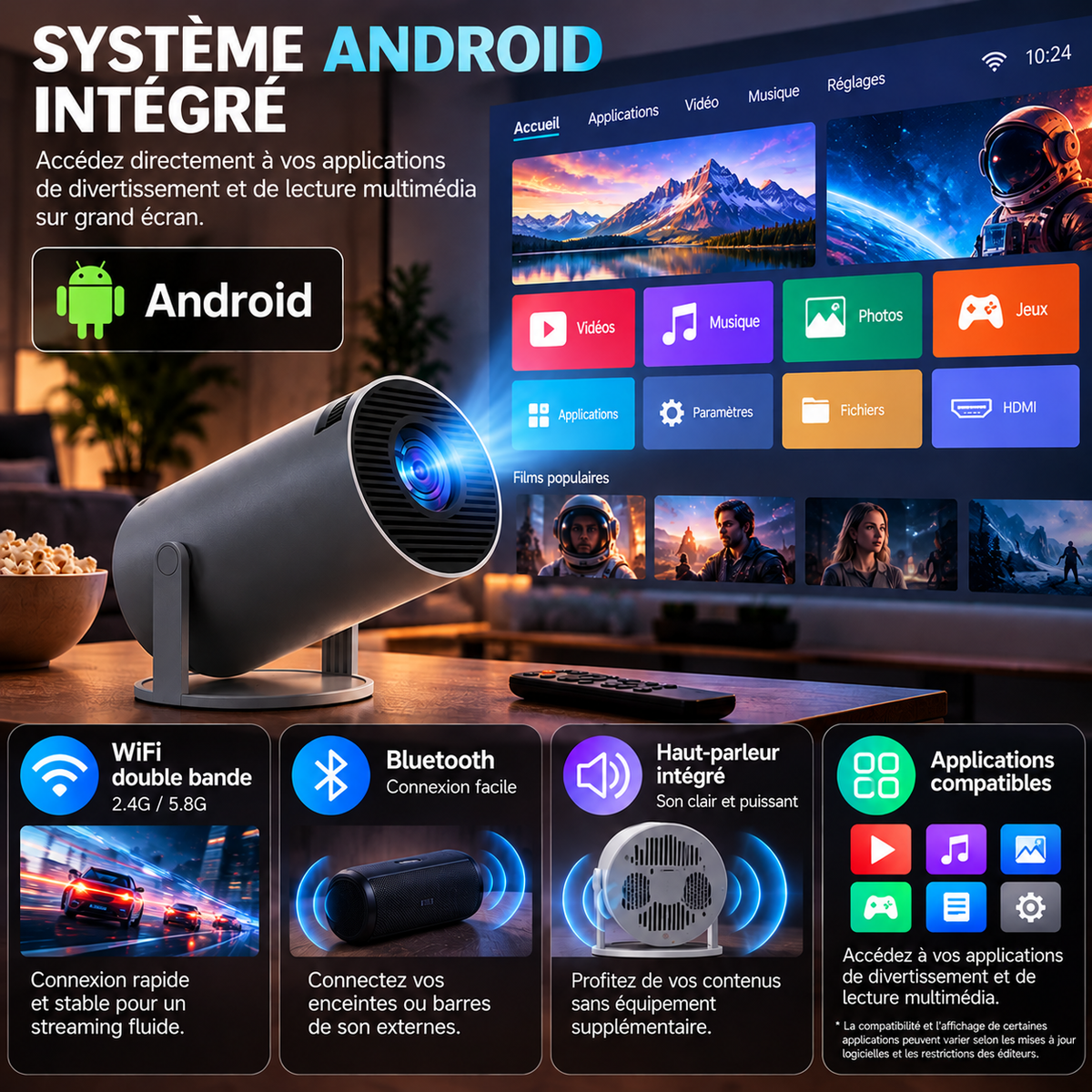 Projecteur Intelligent Rotatif 180° Android 14