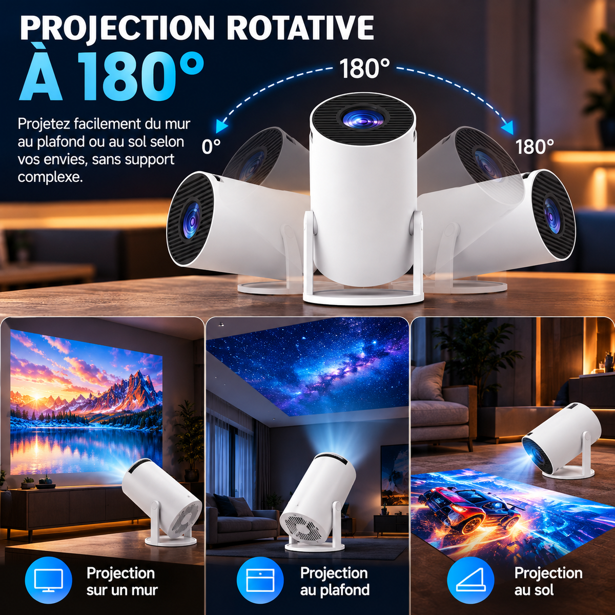 Projecteur Intelligent Rotatif 180° Android 14