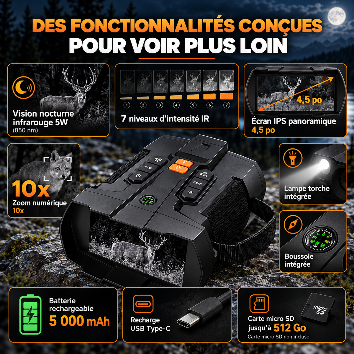 Appareil de Vision Nocturne Numérique HD — Écran 4,5"